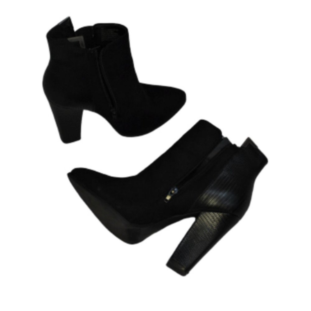 Black suede booties.